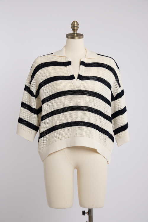 Cotton Striped Net Knit Polo Shirt